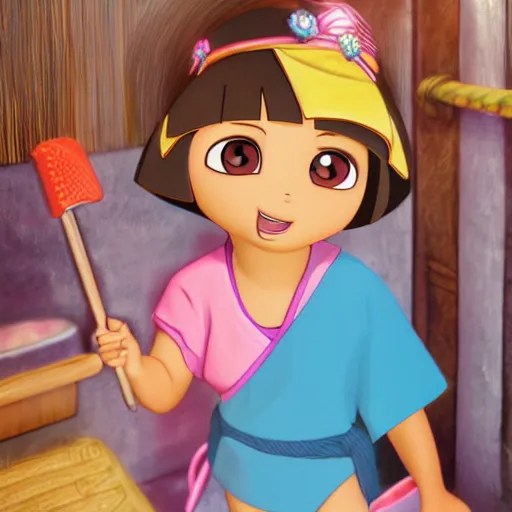 Image similar to dora the explorer as a real girl in japanese bath house with towel on her head, masterpiece 4k, highly detailed, trending on artstation, award winning,