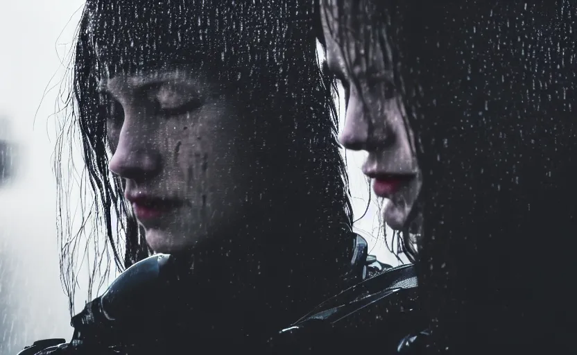 Image similar to cinestill 5 0 d candid photographic portrait by christopher nolan of two loving female androids sobbing wearing rugged black mesh techwear in treacherous waters, extreme closeup, modern cyberpunk moody emotional cinematic, pouring rain menacing lights shadows, 8 k, hd, high resolution, 3 5 mm, f / 3 2, ultra realistic faces, ex machina