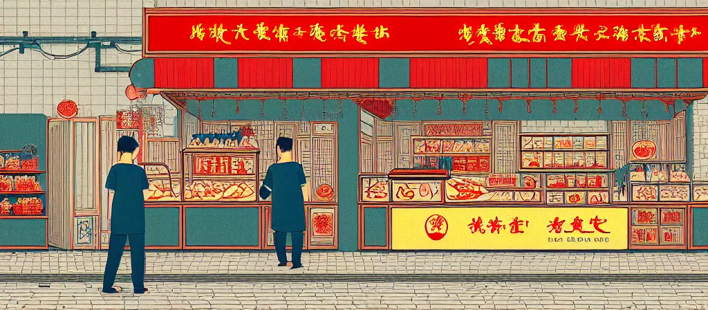 Image similar to a beautiful simple 4 k hd illustration of interior view display of the corner of street side roasted string hotpot small shop, simple style, from china, with merchant logo, simple structure, surrealistic, chinese style, victo ngai, james jean, denoise, deblurring