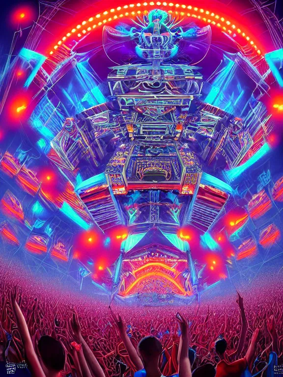 Image similar to symmetry!! dj plays big music at the biggest festivals in the world to a huge crowd with lots of blaring lights in the spirit of god, intricate, elegant, highly detailed, digital painting, artstation, concept art, smooth, sharp focus, illustration, by cgsociety and stefan kostic and stanley lau and artgerm, gorgeous, elegant