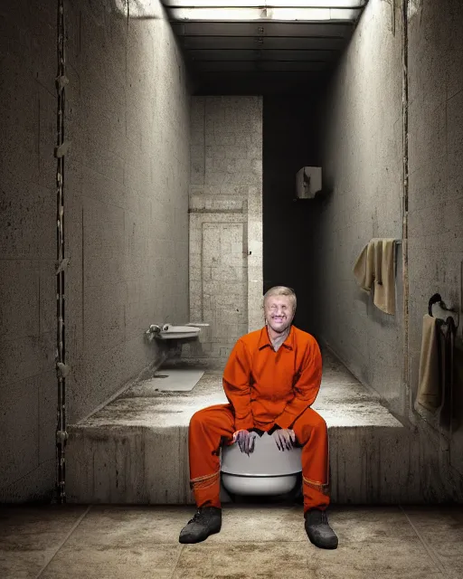 Prompt: a head and shoulders portrait of Donald wearing a orange jumpsuit, sitting on a toilet holding a bible in a filthy rat infested concrete jail In a maximum security prison, dimly lit, volumetric lighting, arney freytag, craig mullins and Annie Leibowitz, octane, 8k,