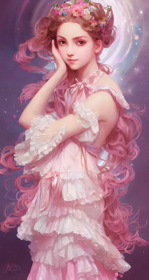 Image similar to portrait of magical lolita girl, dreamy and ethereal, expressive pose, pink eyes, peaceful expression, ornate frilly dress, fantasy, intricate, elegant, many rainbow bubbles, highly detailed, digital painting, artstation, concept art, smooth, sharp focus, illustration, art by artgerm and greg rutkowski and alphonse mucha