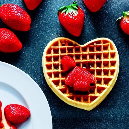 Prompt: photo of a waffle shaped like a heart with strawberries, studio lighting