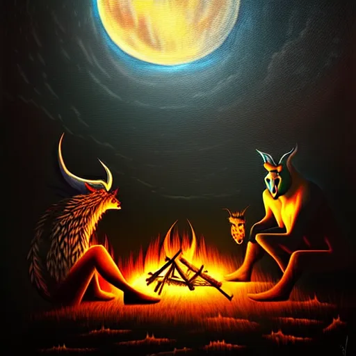 Image similar to strange mythical beasts of sitting around a fire under a full moon, surreal dark uncanny painting by ronny khalil