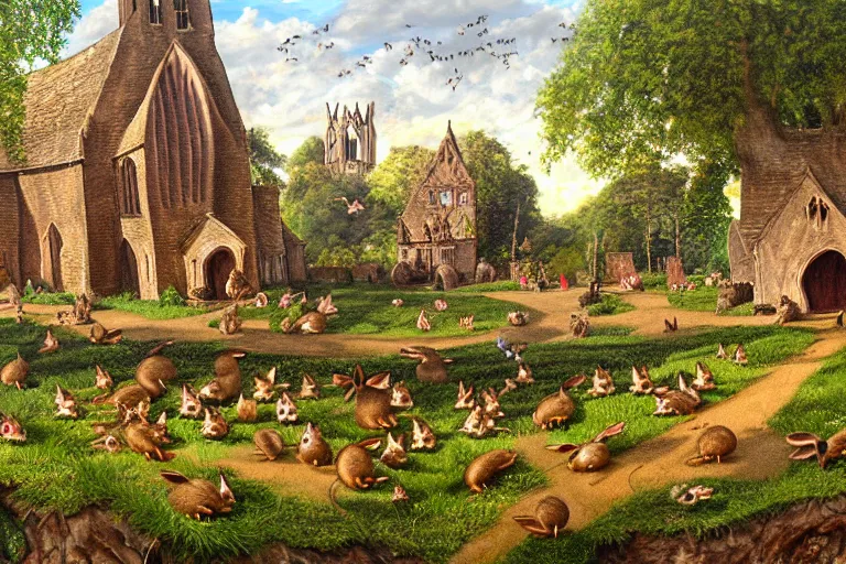 Image similar to an elaborate and dense painting of redwall abbey in mossflower wood with lots of mice and rabbits and otters walking around, detailed by brian jacques and greg rutowski