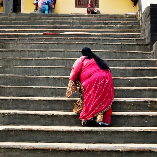Prompt: a fat Indian woman falling down steps in Porto
