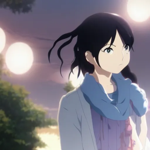 Image similar to a girl in her 2 0 s with wavy black hair by makoto shinkai and tomoyuki yamasaki, madhouse, ufotable