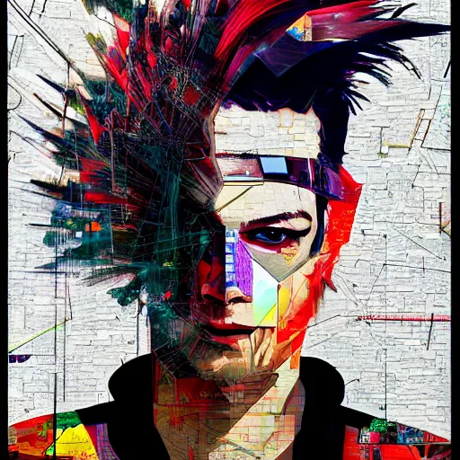 Prompt: Roman cyberpunk God, collage, minimal style, digital painting, 4k, HDR, vernacular, fashion, smooth, sharp focus, art by Sandra Chevrier, John Hoyland, teamLab