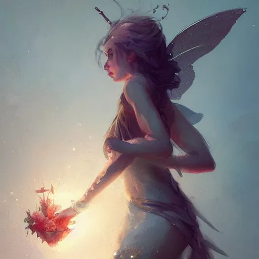 Image similar to “fairy by Greg Rutkowski, realism, fantasy, trending on Artstation”