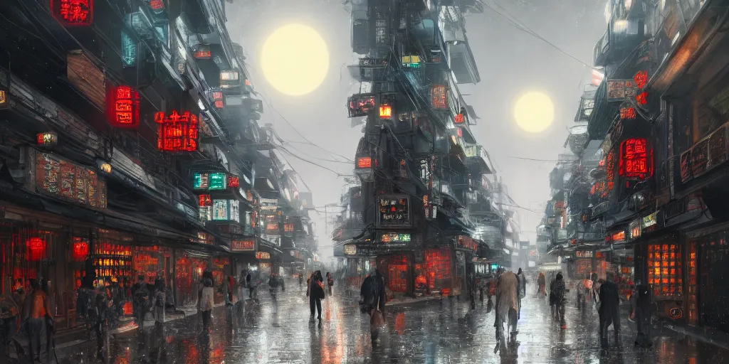 Image similar to china style, small building, city, street view, science fiction, cyberpunk, rain day, wide angle, full of people, moon, a lot of lights, cinematic lighting, high detail, digital painting, concept art, illustration, smooth, sharp focus, trending on artstation, trending on deviantart, 4 k