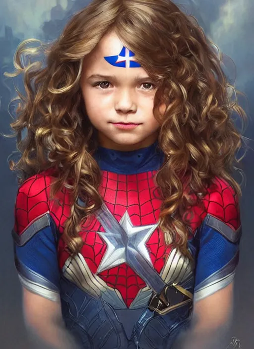 Image similar to a little girl with a mischievous face and light brown curly wavy hair. she is dressed as captain america, spiderman, batman, the flash, captain marvel, wonder woman, a superhero. clean elegant painting, beautiful detailed face. by artgerm and greg rutkowski and alphonse mucha