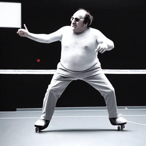 Prompt: danny de vito playing ping pong on skates