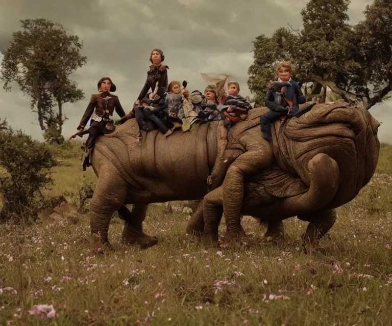 Prompt: 35mm still from a sci fi blockbuster movie made in 2022, set in 1860, of a family riding on the back of alien hippos, on an alien planet, across an alien landscape that is full of strange wild alien plants and flowers, the family are wearing 1850s era clothes, cinematic lighting, 4k, in focus faces, good quality lighting, good quality photography, oscar winner