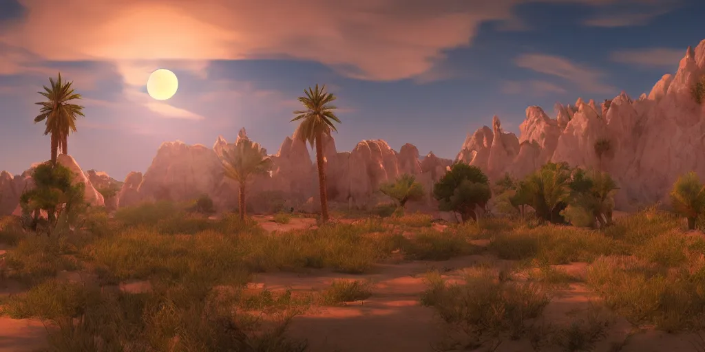 Image similar to ultra detailed and realistic painting of the sunset and a full moon in an environment of water mountains desert and forest inspired by very beautiful cute and colored disney movie backgrounds, rendered in 8 k unreal engine