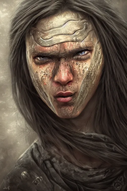 Prompt: portrait of a warrior crying. fantasy, digital painting, hd, highly detailed.