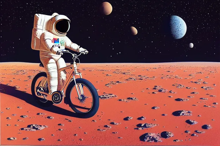Prompt: centre portrait of an astronaut riding a bicycle on the mars!! symmetry, retro 8 0 s style, colourful, realistic illustration, art by peter elson,