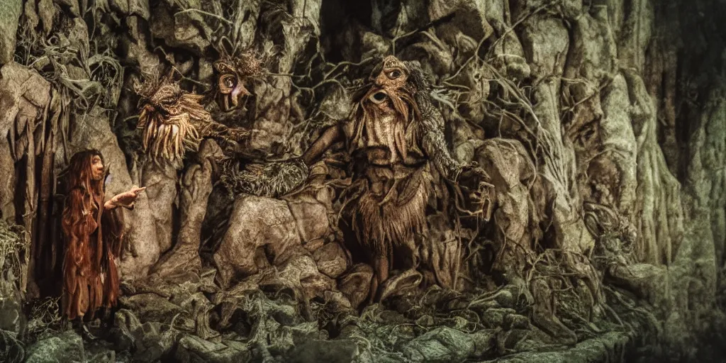 Prompt: A scene from a film in the style of The Dark Crystal, Jim Henson Puppets, realistic, epic adventure, creatures, castle, fantasy, cinematic style, 35mm, film post process