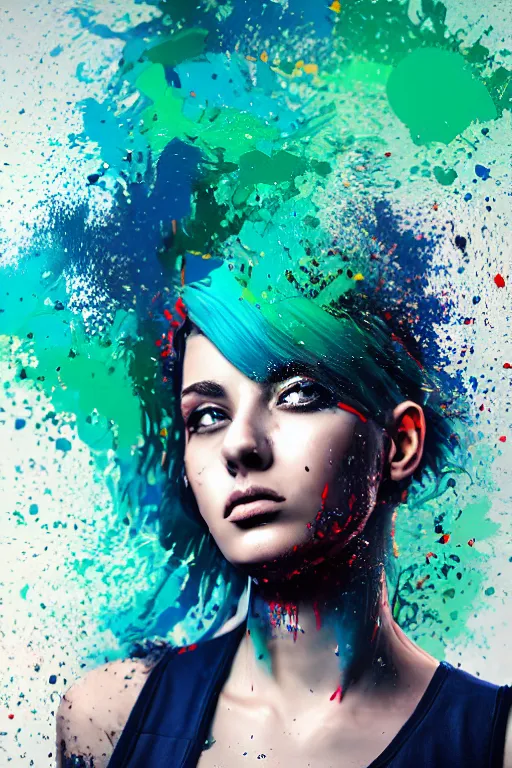 Image similar to a award winning half body portrait of a beautiful woman in a croptop and cargo pants with ombre navy blue teal hairstyle with head in motion and hair flying, paint splashes, splatter, outrun, vaporware, shaded flat illustration, digital art, trending on artstation, highly detailed, fine detail, intricate