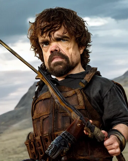 Prompt: peter dinklage as lara croft, golden hour, cinematic