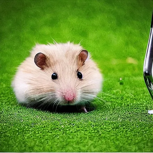 Image similar to “ hamster coming out of a golf hole as a man hits the golf ball ”