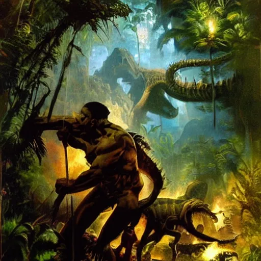 Prompt: an adventurer descends to the hollow earth, action shot, tropical forest, dinosaurs, intense lighting, painting by Frank Frazetta