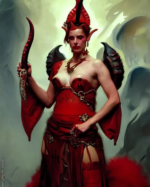 Image similar to painted close - up portrait of an attractive red - skinned intimidating demon queen with ram horns. oil painting, wearing a noblewoman's outfit, fantasy art by greg rutkowski and john singer sargent and gaston bussiere, demon noble character design