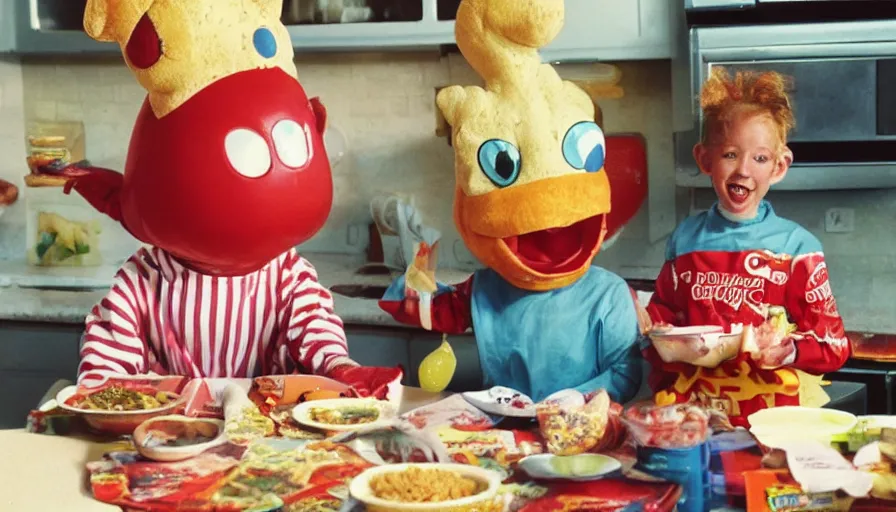 Prompt: 1 9 9 0 s candid 3 5 mm photo of a beautiful day in the family kitchen, cinematic lighting, cinematic look, golden hour, an absurd costumed mascot from the strange food giant face space club show is eating all of the kids cereal, the kids are hungry and the mascot is eating all of their food, uhd