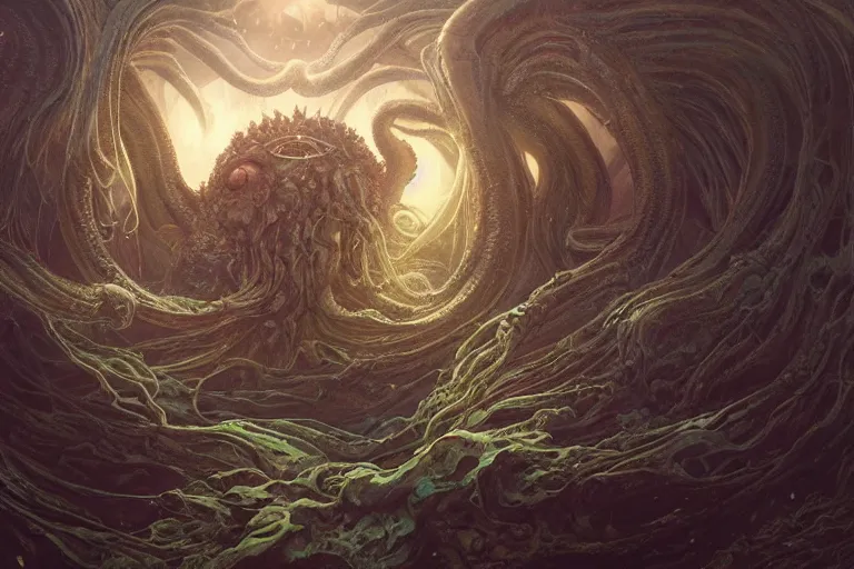 Image similar to a lovecraftian painting of cthulhu rising, cosmic horror elements, ultra realistic, concept art, intricate details, eerie, highly detailed, photorealistic, octane render, 8 k, unreal engine. art by artgerm and greg rutkowski and alphonse mucha