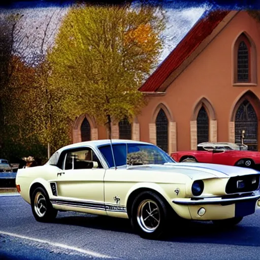 Prompt: Ford Mustang in front of a church in the 40\'s.