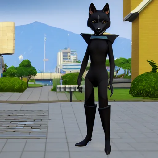 Prompt: humanoid anthropomorphic black fox as a character in The Sims 4, in game screenshot