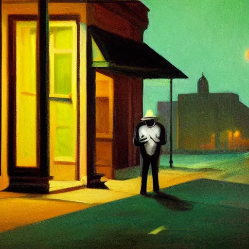 Image similar to a painting of a lonely man with a skull as his head waiting for the bus at night, green dramatic and cinematic light from the streetlight, the sky is full of stars, in the style of edward hopper, 4 k,