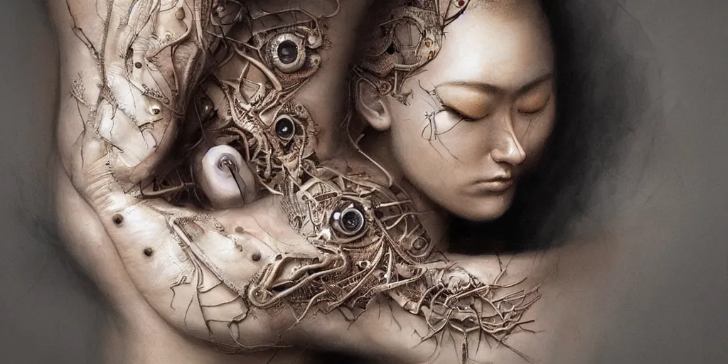 Image similar to hyperrealistic photography of a highly intricate, stunning, beautiful, perfect cyborg female, elbow, knee, intimate, hand holdings, in the style of beth cavener, jin kagetsu, chuck close, and wlop, highly detailed, face, eyes closed, symmetry, masterpiece, award - winning, sharp focus, concept art, ambient lighting, 8 k, artstation