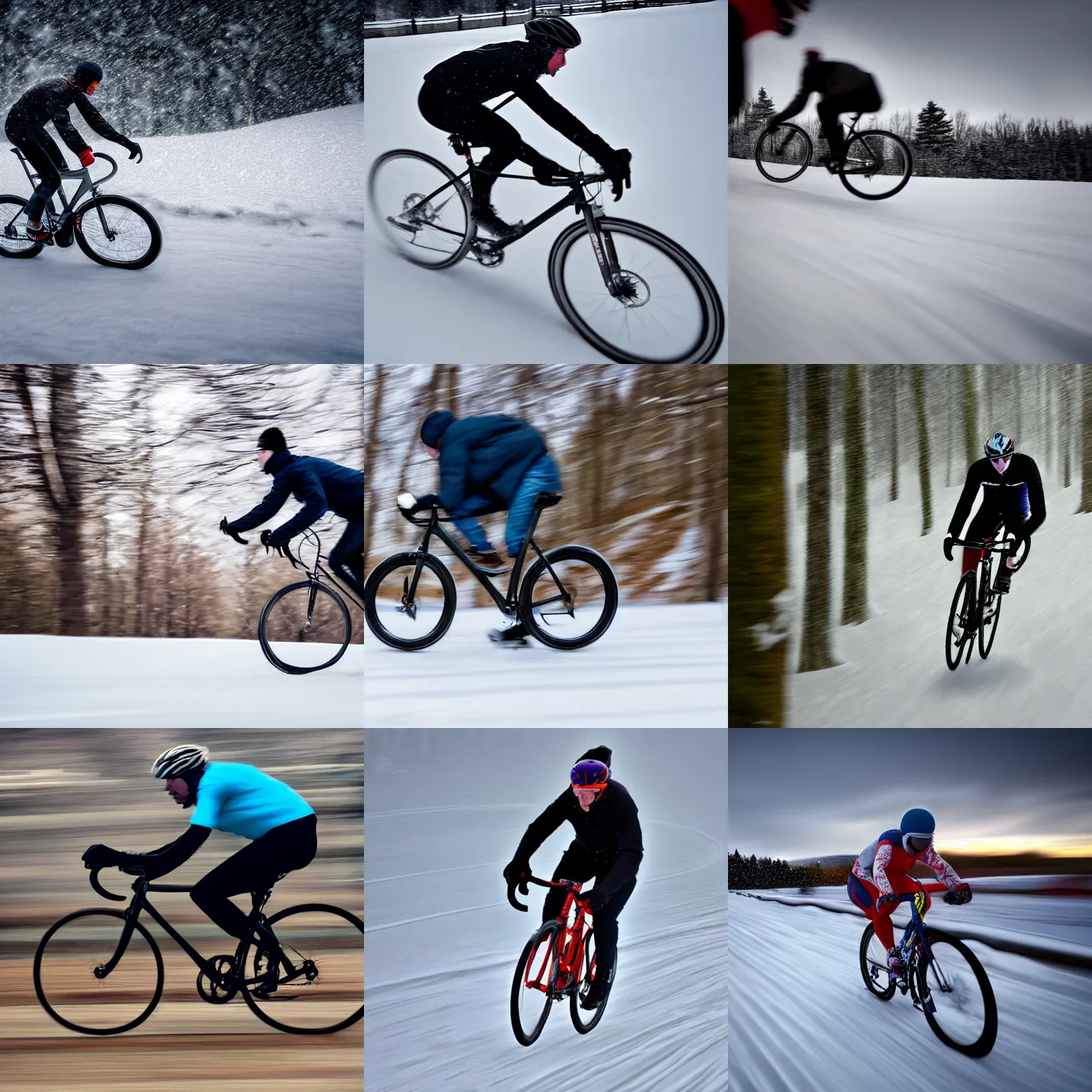 Prompt: extreme long shot of a man racing a bicycle, motion blur, award winning photo, snow, high detail, atmospheric, 8k