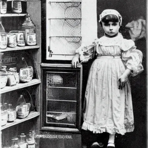 Prompt: victorian child standing in a dill maker's shop