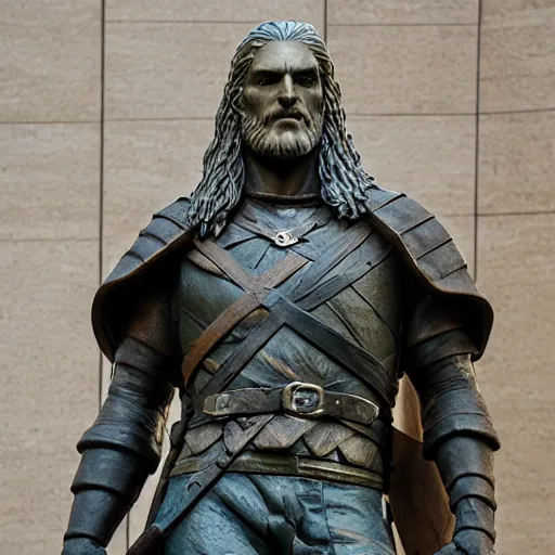 Prompt: a statue of Geralt of rivia at the louvre, leonardo da vinci, uhd, photo,