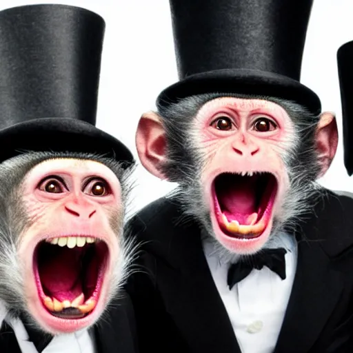 Prompt: 3 monkeys pointing their fingers at the camera. wearing top hats, laughing uncontrollably, hysterical laughter