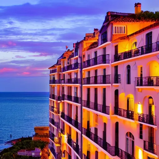 Prompt: a french building. sunset lighting. sea and fireworks in the background. balconies with flowers