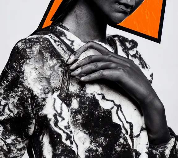 Image similar to black marble statue of a beautiful woman with colorful motocross logos in the style of virgil abloh, very very beautiful, detailed, off white, heron preston, 8 k, 4 k, detailed, beautiful, symmetrical, vogue, editorial, fashion, magazine, model