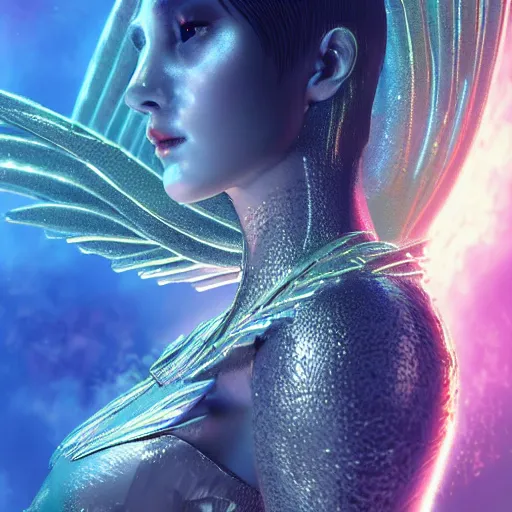Prompt: Hyperrealistic 3D render of cosmic angel Queen Empress by Yoshitaka Amano (Blade Runner 2049)