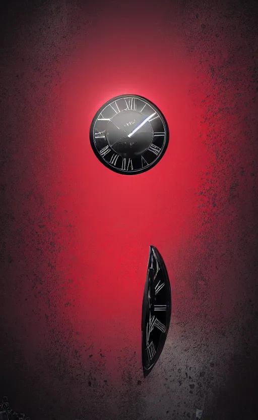 Image similar to a melting Roman numeral clock, behind a red and black gradient background, awith a black heart shaped on the top left corner and a black diamond card shape in the bottom right corner, dynamic lighting, photorealistic fantasy concept art, trending on art station, stunning visuals, cinematic, creative, ultra detailed