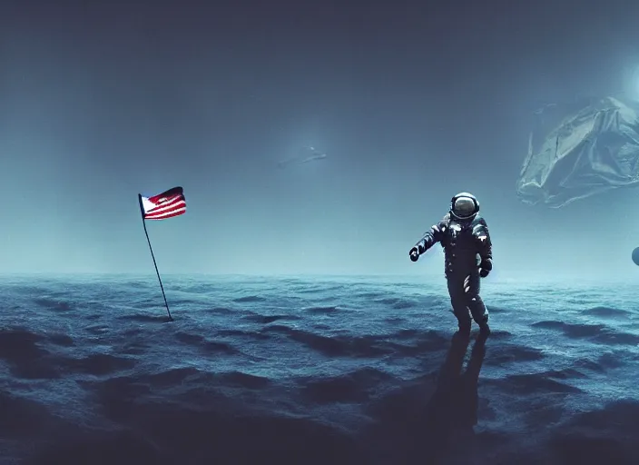 Image similar to astronaut holding a flag in an underwater desert. a submarine is visible in the distance. dark, concept art, cinematic, dramatic, atmospheric, 8 k, trending on artstation, blue, fish, low visibility, fog, ocean floor, christopher nolan, interstellar