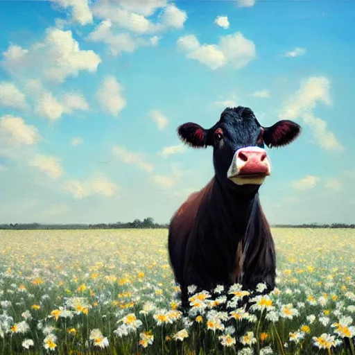 Image similar to Hyper realistic oil painting of a cow standing in the middle of a field of daisies, blue sky, high contrast, by greg rutkowski, trending on artstation