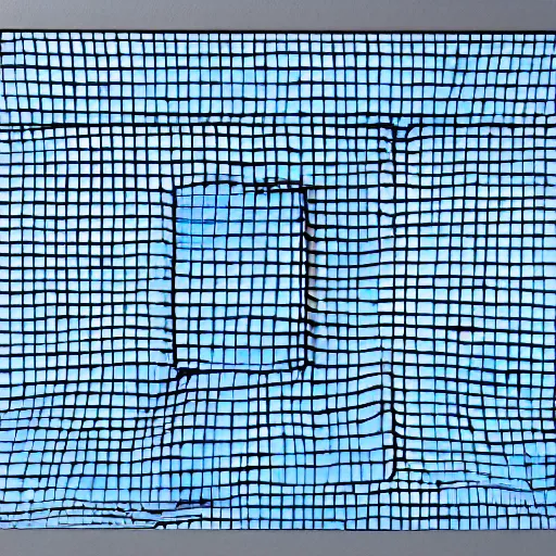 Prompt: a piece of cardboard with a grid of blue tape on it leaning on a gray wall, realistic painting