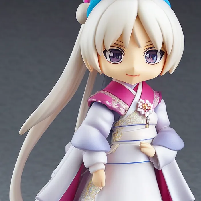 Image similar to a japanese princess young lady, with white hair and bangs!!!! AYAKA, An anime Nendoroid of [Character Here], figurine, detailed product photo