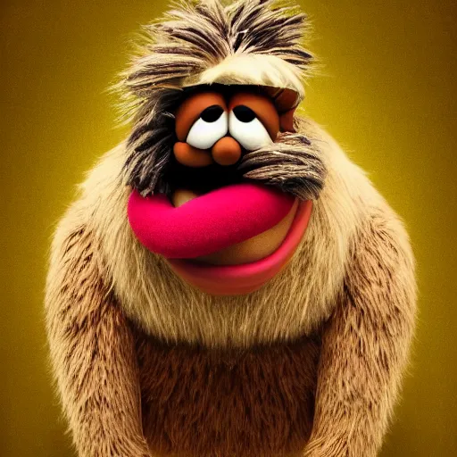 Image similar to a still of a forgotten muppet character looking very manly and modern, hilarious, laughing, hairy chest, huge chin, manly monster tough guy, roughled fur, photo real, photographic, photograph, artstation, trending, featured