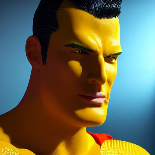 Image similar to still photo of a yellow superman, highly detailed, photorealistic portrait, bright studio setting, studio lighting, crisp quality and light reflections, unreal engine 5 quality render