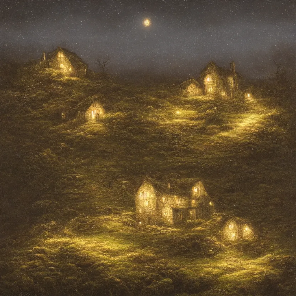 Image similar to A singular rotting cottage on a mountaintop at night, by Lee Madgwick, hyperrealistic, V-Ray 8k UHD