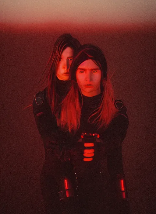 Prompt: cinestill 5 0 d photographic portrait of two loving female androids wearing rugged black mesh techwear on a desolate plain with a red sky, extreme closeup, cyberpunk style, garters, dust storm, 8 k, hd, high resolution, 3 5 mm, f / 3 2, ultra realistic faces, ex machina