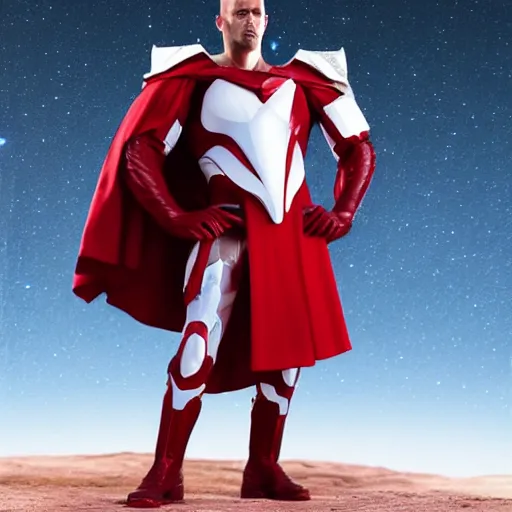 Image similar to portrait of a tall muscular infantry man in glossy sleek white armor with tiny red details and a long red cape, heroic posture, determined expression, on the surface of mars, night time, dramatic lighting, cinematic, sci-fi, hyperrealistic, movie still