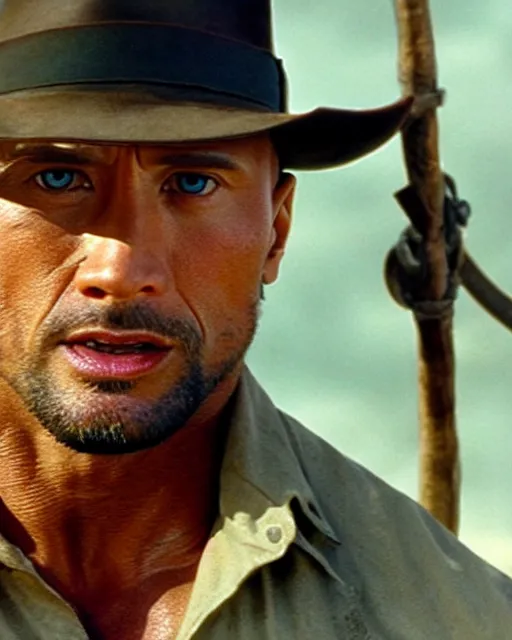 Image similar to Film still close-up shot of Dwayne Johnson as Indiana Jones in the movie Raiders of the Lost Ark. Photographic, photography